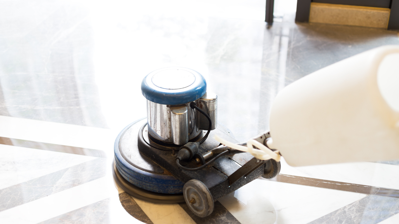The Secret to Stunning Floors is Commercial Terrazzo Restoration and Polishing Machine polishing floor during commercial terrazzo restoration and polishing.